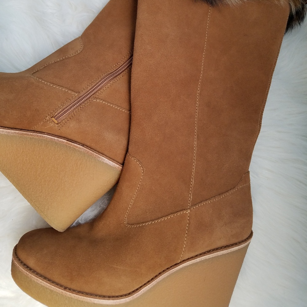 UGG Valberg Suede Fur Wedge Riding Boots US 8.5